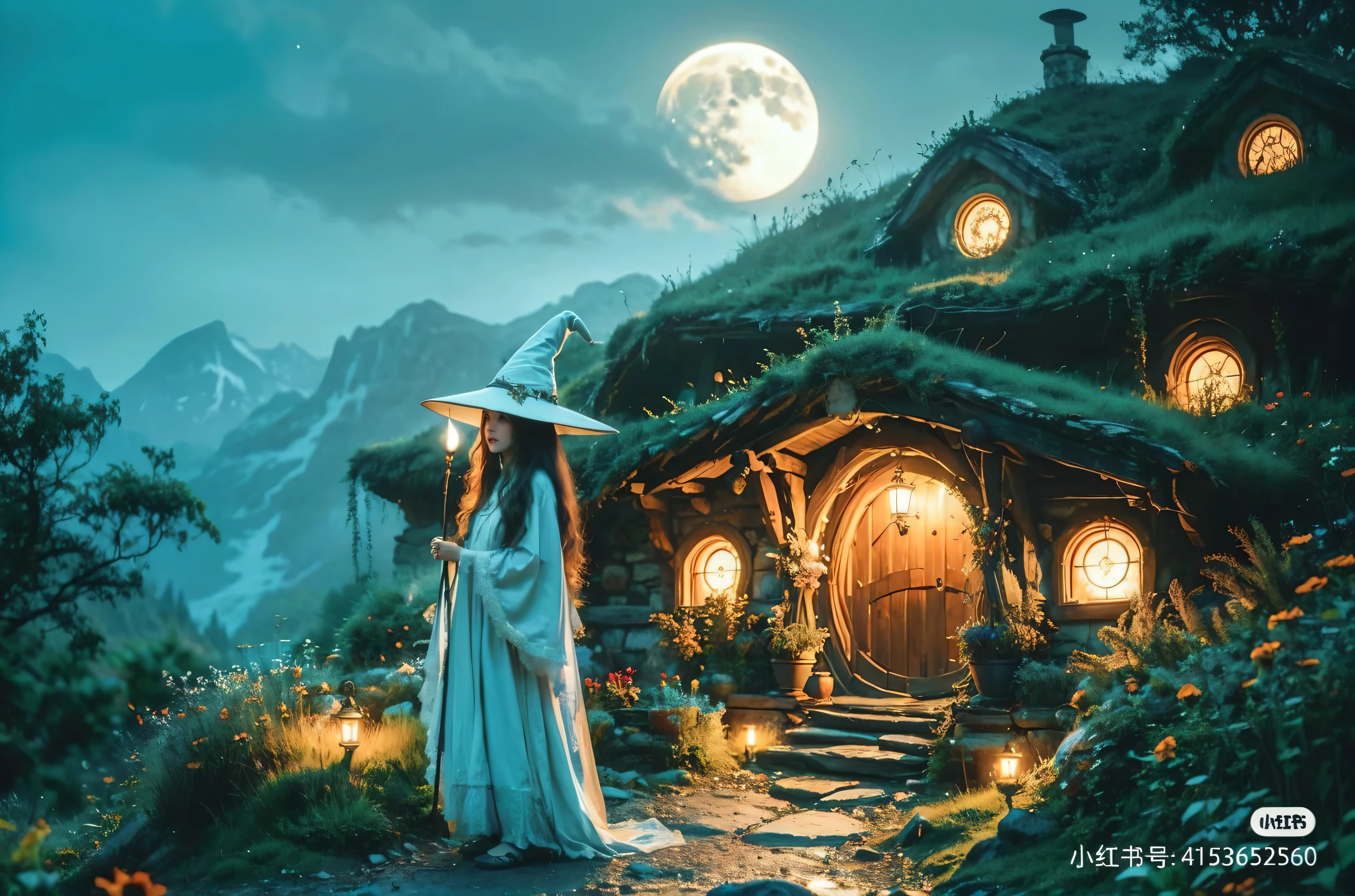 arafed woman in a white dress and hat standing in front of a house, fantasy matte painting，cute, enchanting and otherworldly, realistic fantasy render, fantasy digital painting, realistic fantasy illustration, fantasy art style, digital fantasy art ), in his hobbit home, fantasy art behance, realistic fantasy painting, trending digital fantasy art, realistic fantasy artwork, fantasy illustrations