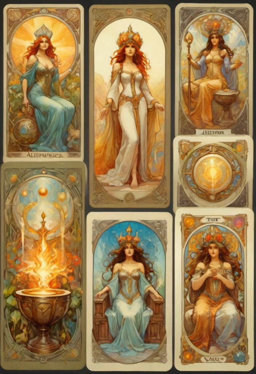 Tarot cards, (watercolor work in the style of Boris Vallejo and Alphonse Mucha), (collage- quatrich (4 images)): [page of swords] [King of wands] [queen of cups] [ace of pentacles], stack of cards, aesthetics,, protogen, ((best quality, Masterpiece)), ((Highest detail)), RAW:1,1, 8k