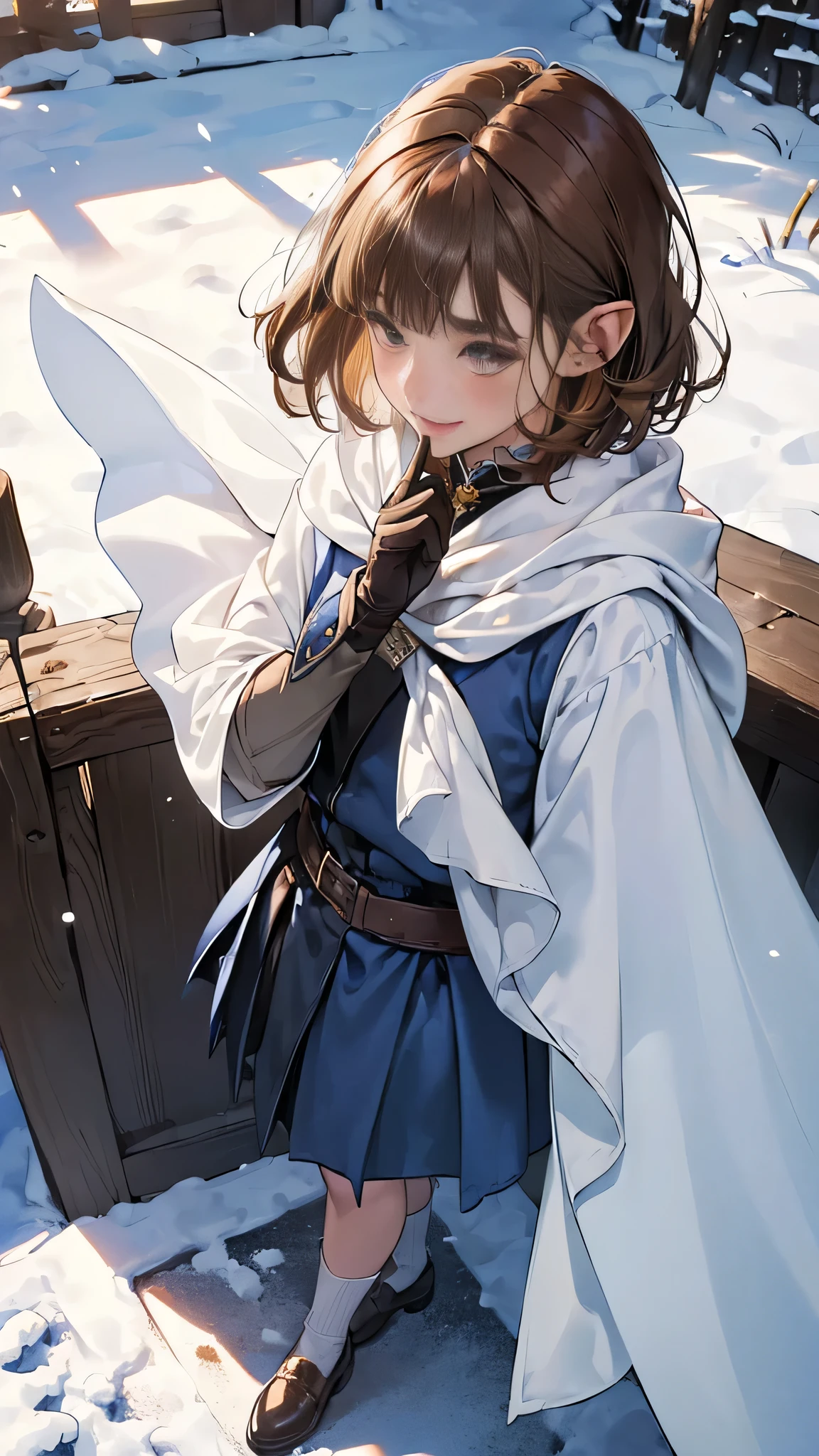 (((((girl))))), masterpiece, ultra detailed, 8K Portrait, Raw photo, woman's portrait photography, full body, Highly detailed face, mischievous childish smile, blush, ((Fantasy)), (((hobbit))), ((Adult)), 45 years old, 110cm, (((ALCHEMIST))), ((tanned skin)), (((olive brown short bob hair))), (((blunt bangs))), hair ornament, (((white silk long cloak))) Fluttering in the wind, (high school dark blue uniform:1.5), long skirt, leather gloves, Midday sun, Hyper realistic, Slender body, by the snowy castle, Ambient lighting, Shadow details, Camera focus on face, strong breeze, Light fog