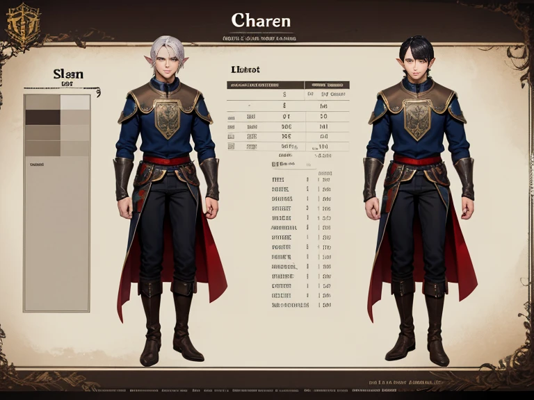 character sheet, whole body, male, high, black-haired, 4K, high quality detailed picture, Really, Piece of art, elf, drow, gray skin, medieval mens shirts, short hair
