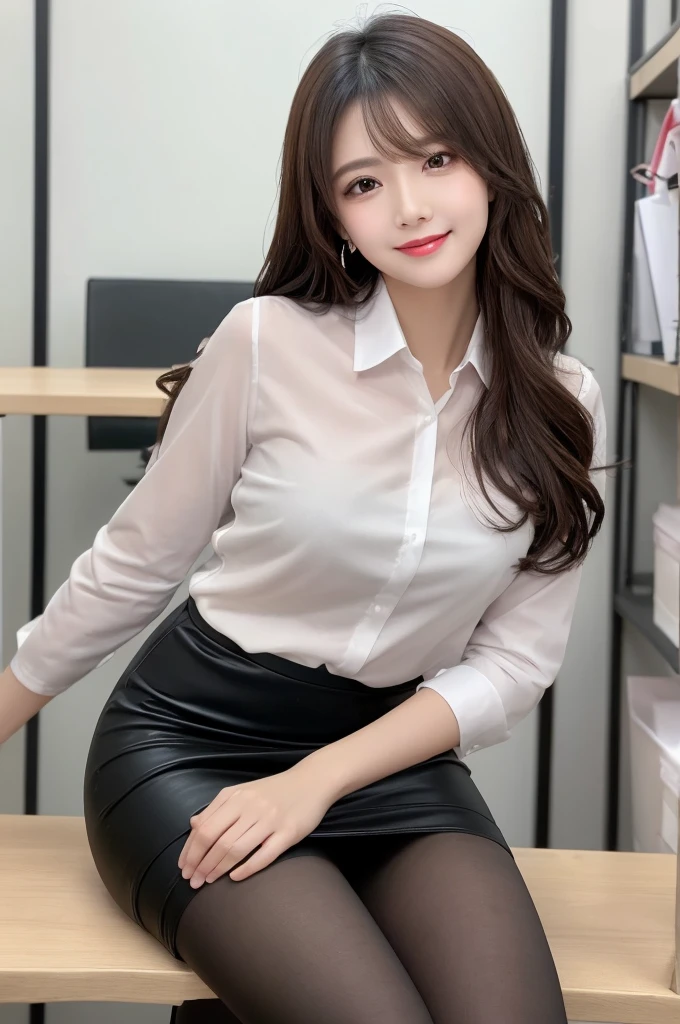 (8K、highest quality、highest quality、masterpiece、ultra high resolution、big 、carefully crafted face、beautiful fingers、beautiful hands、skin texture),whole body、idol sculpture、((long hair))、alone、beautiful double eyelids、smile、white cutter shirt、Black Pencil Skirt、pantyhose、office、(woman)、OL、work、