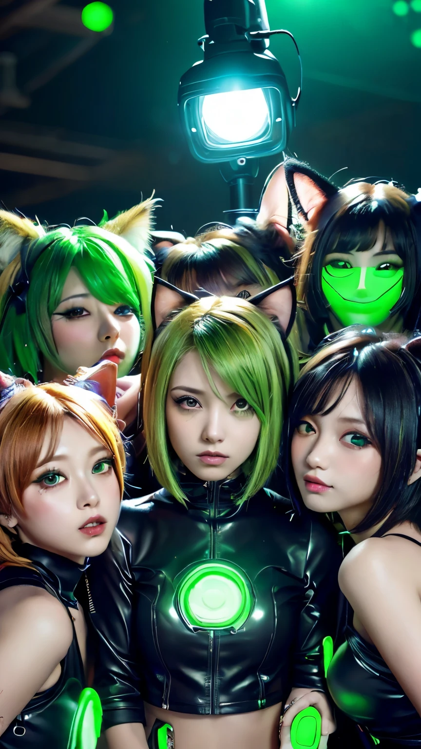 (Emo art:1.6), masterpiece, 4k, Bokeh, beautiful face, (multiple girls:1.6), Harem, (group photo:1.6), (Cat ear:1.3), (Neon green medium bob hair:1.4), looking at the viewer, (green reaves:1.4), (green Light backgrounds:1.5),