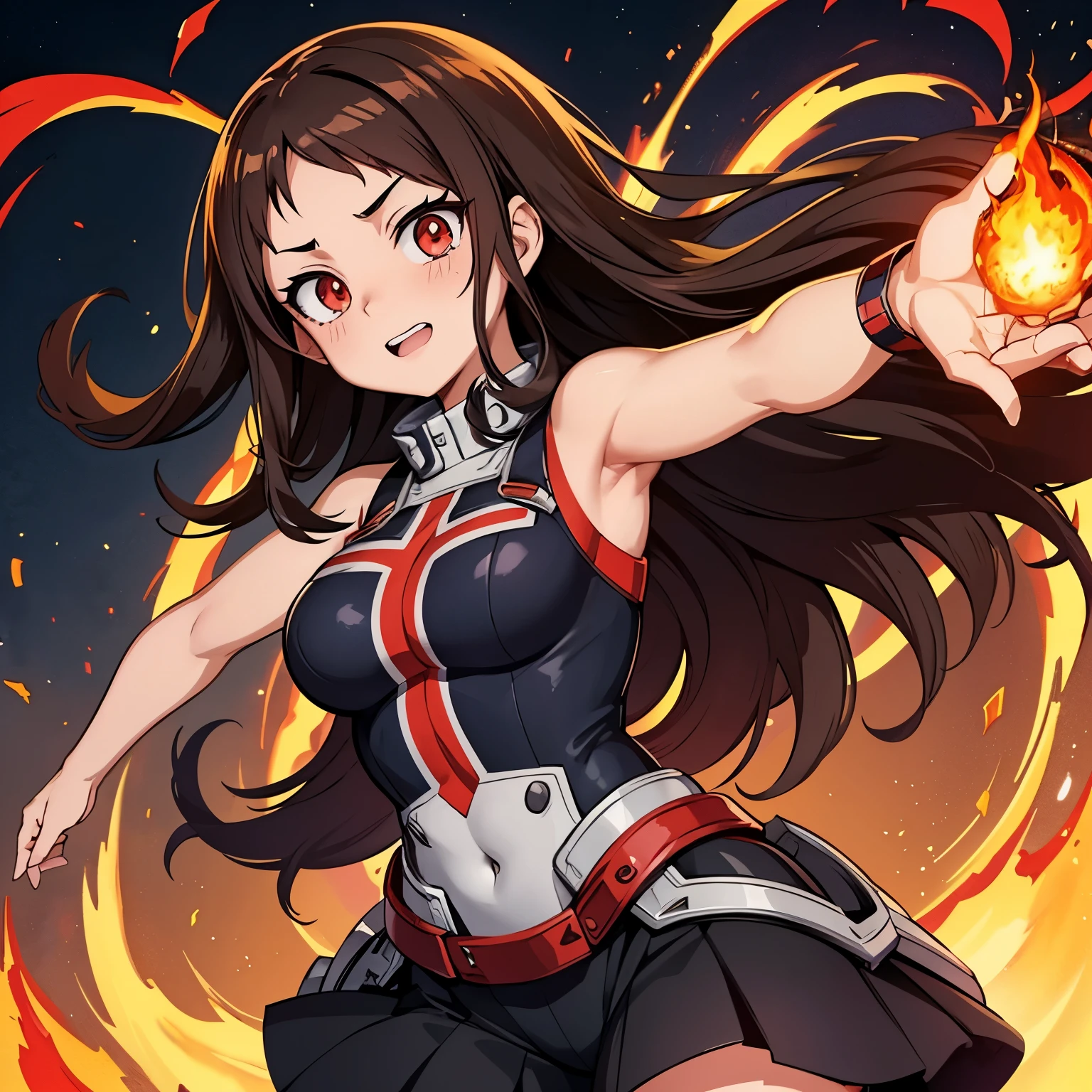 In the anime style of Boku no hero academia, make me a girl with dark brown hair with red eyes and the where of fire, una chica seria pero atractiva