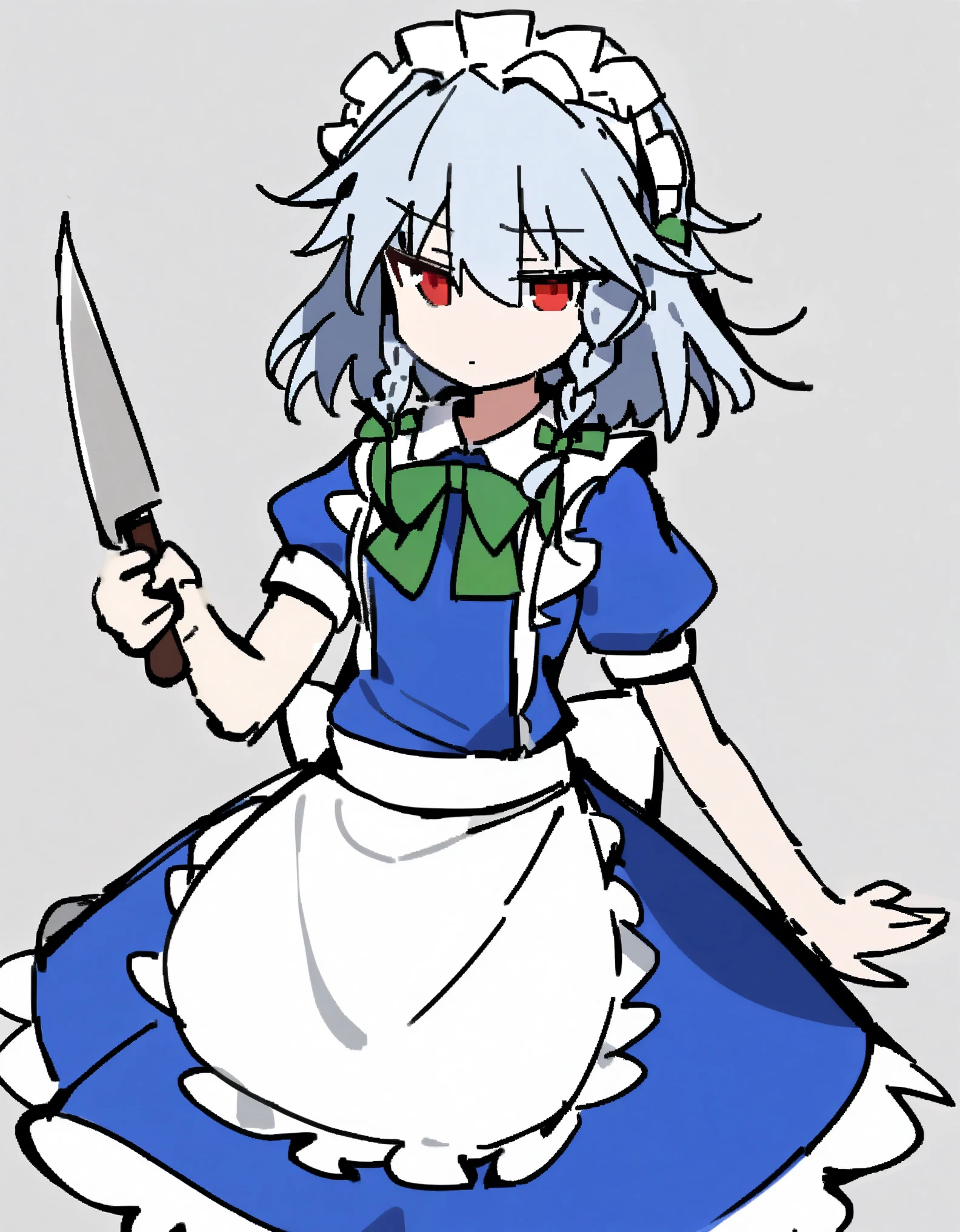 (sharp sketch:1.6),1girl, solo,izayoi sakuya, touhou,maid, medium hair, twin braids, grey hair, red eyes,maid headdress, blue dress, puffy short sleeves, maid apron, waist apron, white apron,green bow, hair bow, waist bow, white bow, holding knife