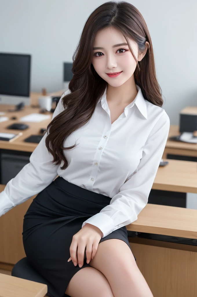 （8K、highest quality、highest quality、masterpiece、ultra high resolution、big 、carefully crafted face、beautiful fingers、beautiful hands、skin texture），whole body、idol sculpture、((long hair))、alone、beautiful double eyelids、smile、white cutter shirt、Black Pencil Skirt、pumps、office、(woman)、OL、work、