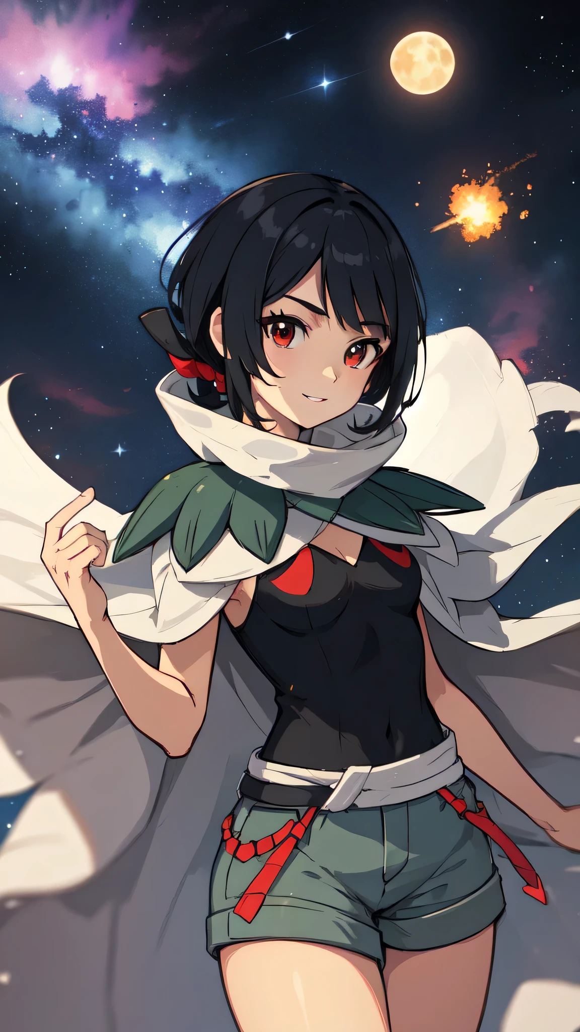 zinnia \(pokemon\) , red eyes, grey shorts, black shirt, sleeveless, cape, nightsky , guard rail ,moon,   best quality, (extremely detailed:1.4)  ,illustration, mysterious, vivid_color, shiny,, Dynamic actions , Lens perspective  , volumetric lighting , detailed eyes, hyper detailed ,  beautiful, small details, ultra detailed, intricate, 4k, 8k, good anatomy, beautiful lighting, light smiling, night sky, meteor, space, asteroid