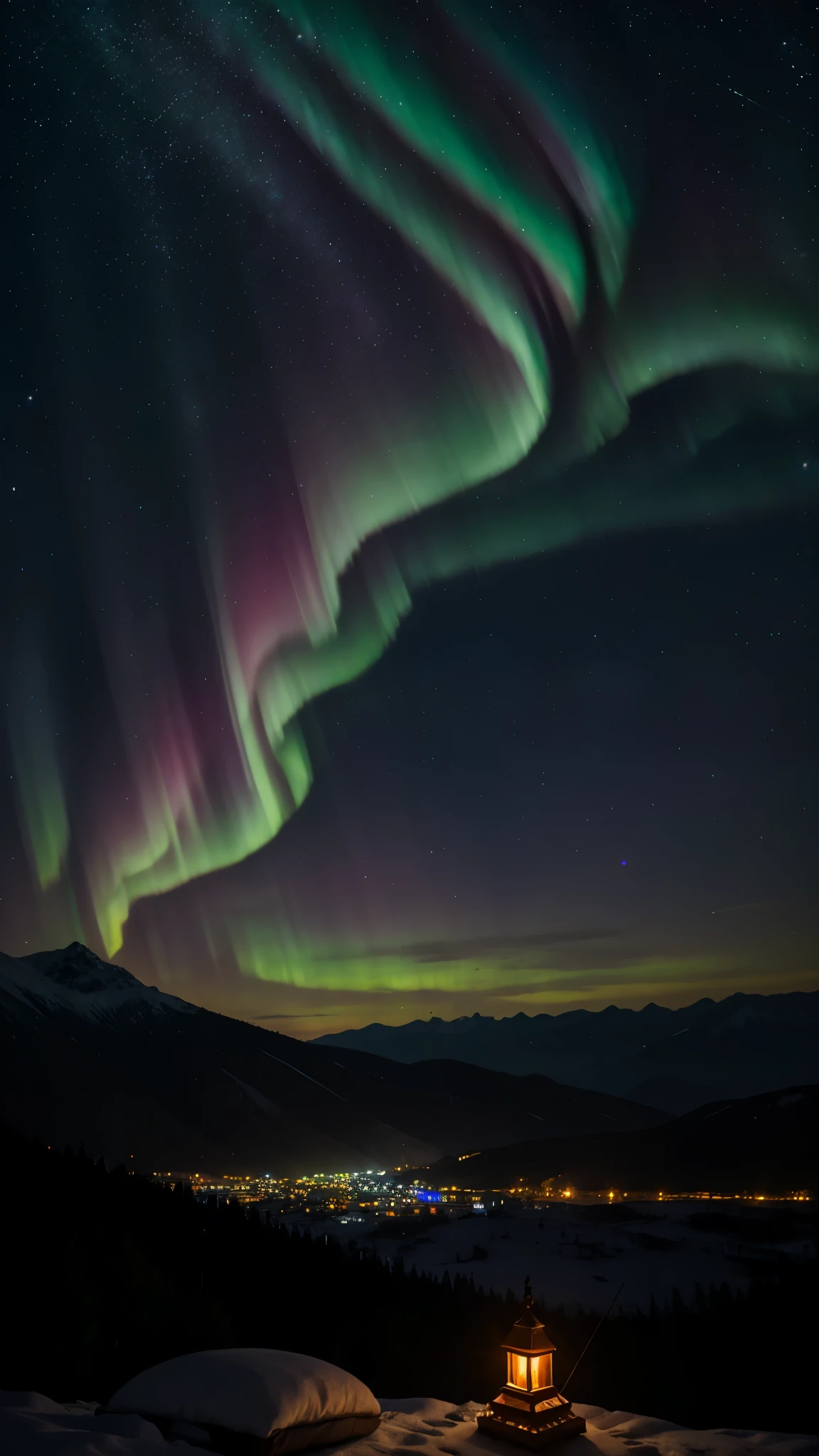 4K UHD image, ramadhan style lights on a mountain range, ramadan vibes, warm and cozy surroundings, the sky is clear night, stars in the sky, aurora, bloom:1.1, best quality, (high contrast), highly detailed, masterpiece