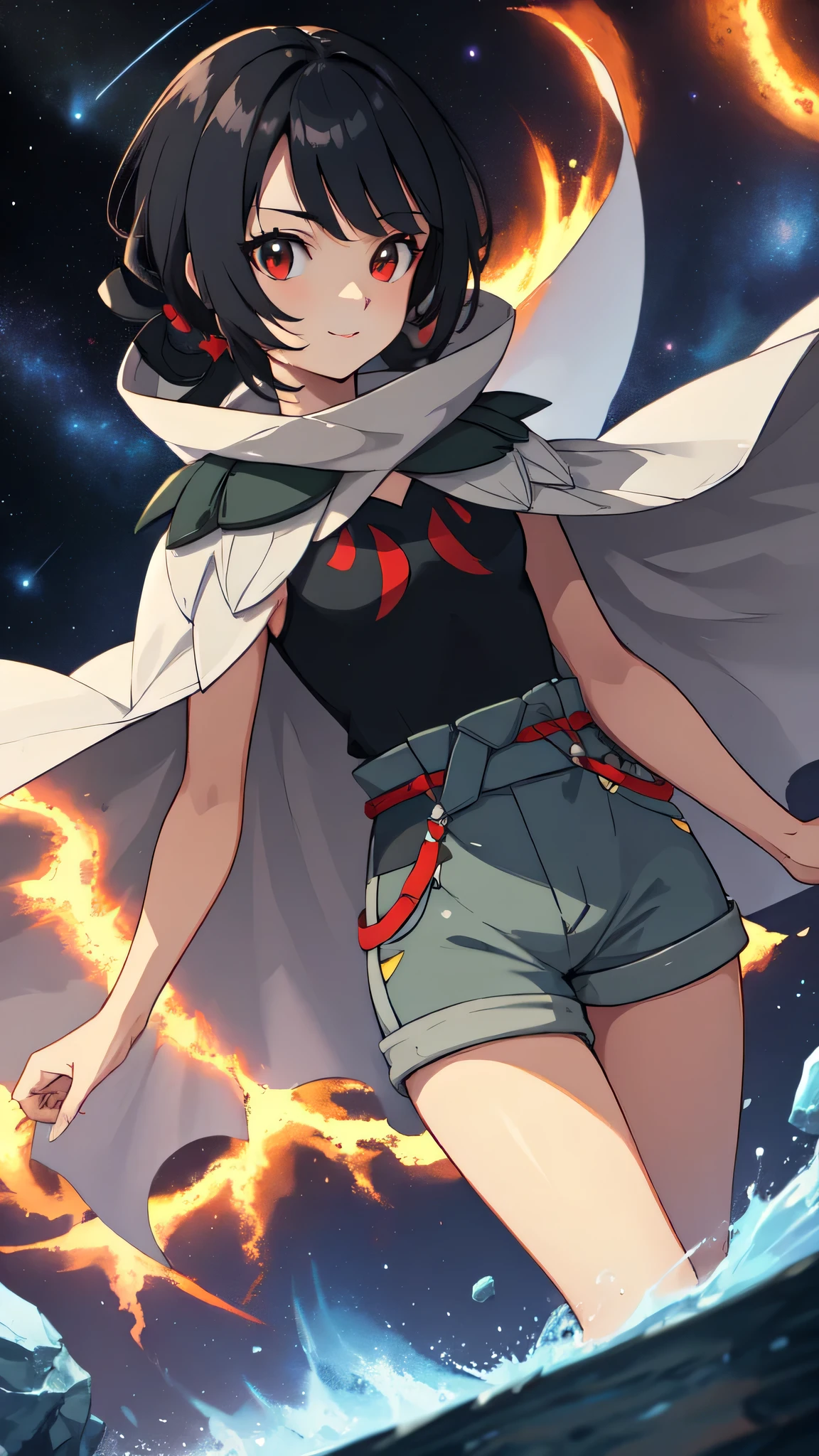 zinnia \(pokemon\) , red eyes, grey shorts, black shirt, sleeveless, cape, nightsky , guard rail ,moon,   best quality, (extremely detailed:1.4)  ,illustration, mysterious, vivid_color, shiny,, Dynamic actions , Lens perspective  , volumetric lighting , detailed eyes, hyper detailed ,  beautiful, small details, ultra detailed, intricate, 4k, 8k, good anatomy, beautiful lighting, light smiling, night sky, meteor, space, asteroid, moon, ultra high quality, 