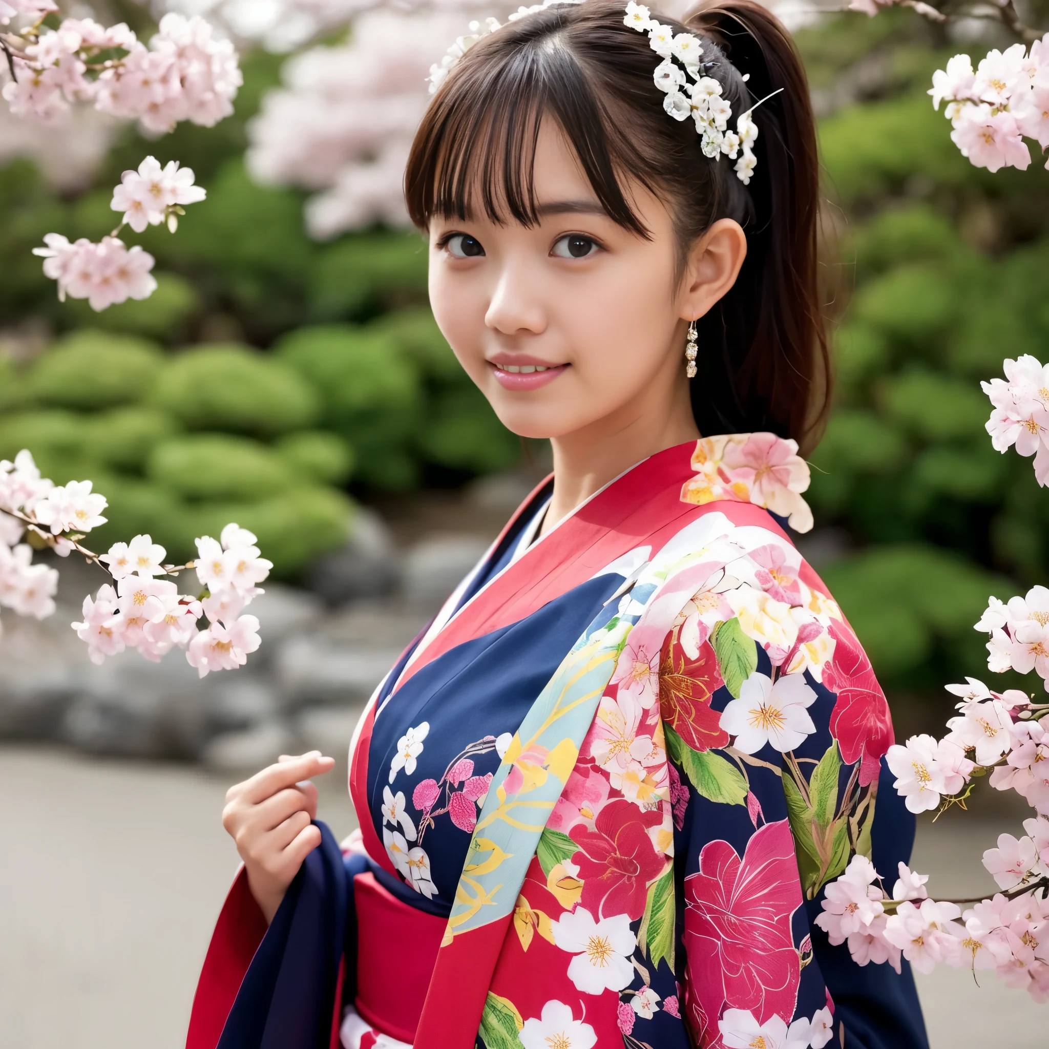(best quality,realistic), (portrait), (Japanese,geisha), (18 years old,youthful), (beautiful detailed face,smooth skin),(perfect proportion),(neatly arranged hair),(hairpin,hair accessory), (stunning cherry blossom patterned kimono), (furisode), (gorgeous obi), (looking at the camera), (Okayama Prefecture's Koraku-en Garden's cherry blossoms), (in full bloom), (breathtaking cherry blossoms)