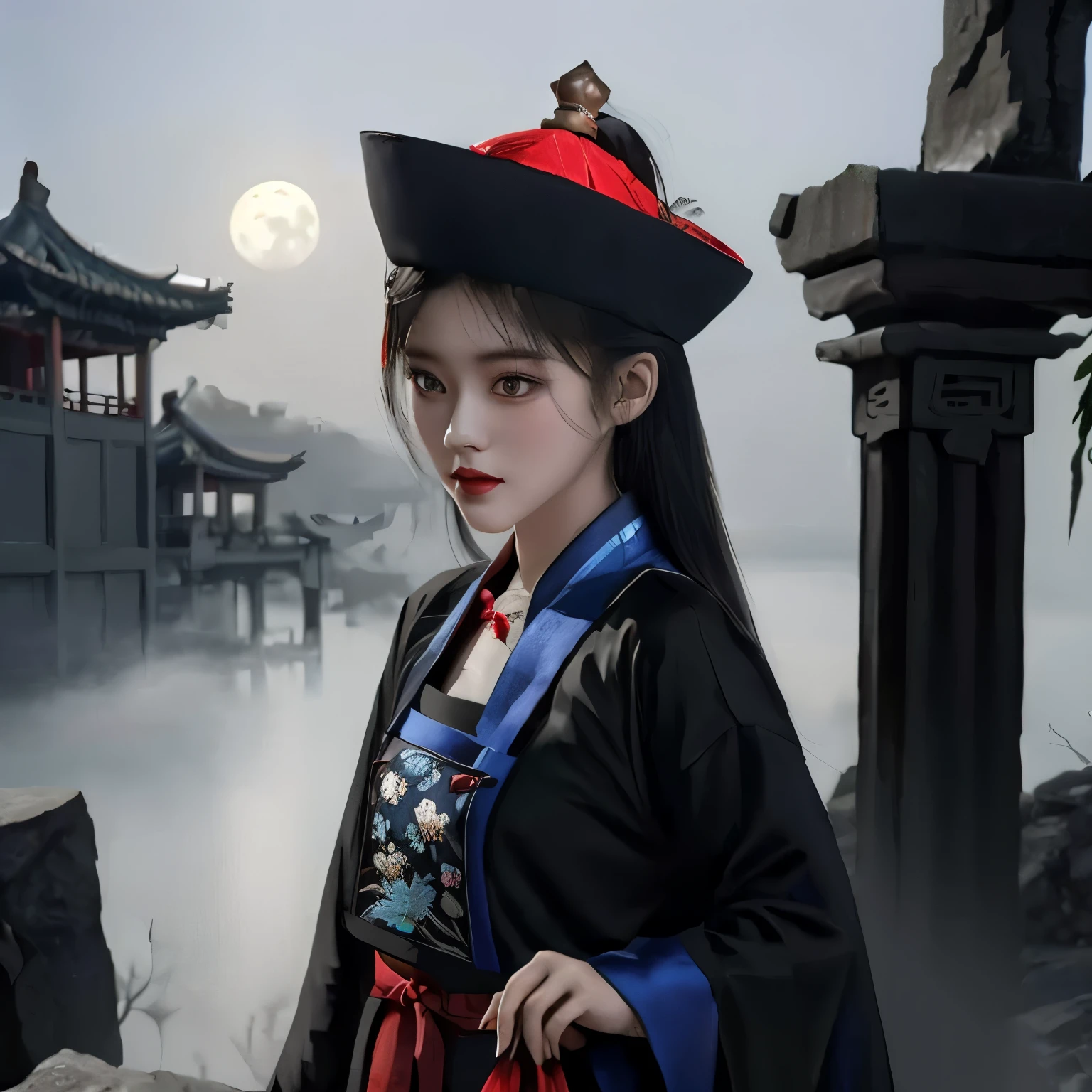 there is a woman in a black hat and red dress, palace , a girl in hanfu, hanfu, chinese costume, wearing ancient chinese clothes, white hanfu, with acient chinese clothes, traditional chinese clothing, chinese girl, chinese style, lunar themed attire, chinese woman, traditional beauty, a beautiful fantasy empress, beautiful character painting, ancient china art style
