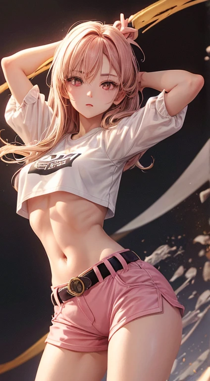 ((Highest quality, 8k, masterpiece :1.3)), (Sharp focus :1.2, Beautiful woman with perfect figure :1.4, Slim Abs :1.2), ((Big Breasts, Emphasize cleavage, The underboob is visible:1.3)), (Photorealistic:1.4), (realistic:1.4), (Pink Hair:1.5), Highly detailed face and skin texture, Fine grain, double eyelid. Makeup face, A little bit of lipstick, sex appeal, Sexy gravure pose, ((Black tank top and white shorts。The background is on my bed in my room、The morning light envelopes her。A slightly stretched pose。Accessories: simple earrings。:1.3)