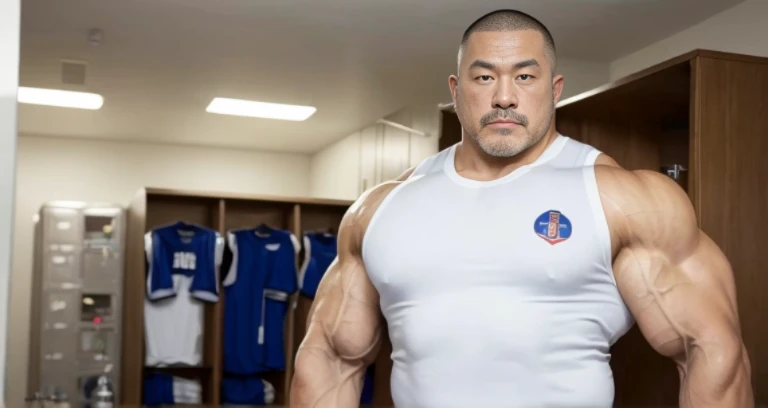 (tank top:1.5), (inside club locker room:1.2), Japanese man, Chinese man, Korean man, Taiwanese man, manly face, (round face:1.2), (monolid eyes:1.2), (buzz cut:1.4), very large and strong body, (bulging muscles:1.3), (very large pectoral muscles:1.3), (muscular arms:1.3), muscular abs, muscular legs, muscular back, brightens oily skin, master piece, realistic, panorama, distant view