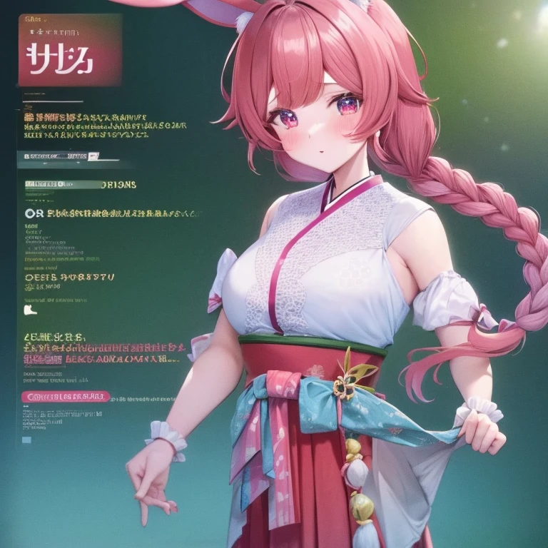 A beautiful girl wearing rabbit ears under a cherry tree with falling cherry blossom petals, a twin-tailed braided hairstyle, pink hair color, two-dimensional red eyes, wearing a Taisho romantic hakama.　The hakama is a skirt-like pant worn with a kimono the skirt is dark purple red and white checked kimono f/1.2, highest quality, Award history, 8K, Super detailed, UHD