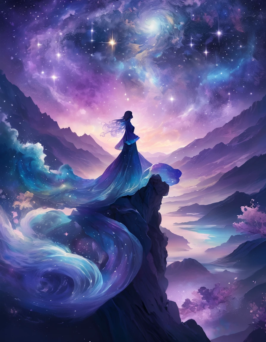 A figure stands on a cliff, enveloped in swirling streams of cosmic energy, amidst a dreamy, nebulous landscape. The silhouette of the person is wrapped in a flowing, ethereal gown that merges with the celestial currents. The sky is a tapestry of deep purples and blues, sprinkled with stars, and the landscape below is hinted at with soft, rolling mountains. The scene is one of tranquility and the sublime, capturing the majestic essence of the cosmos with a single, contemplative figure standing in awe.