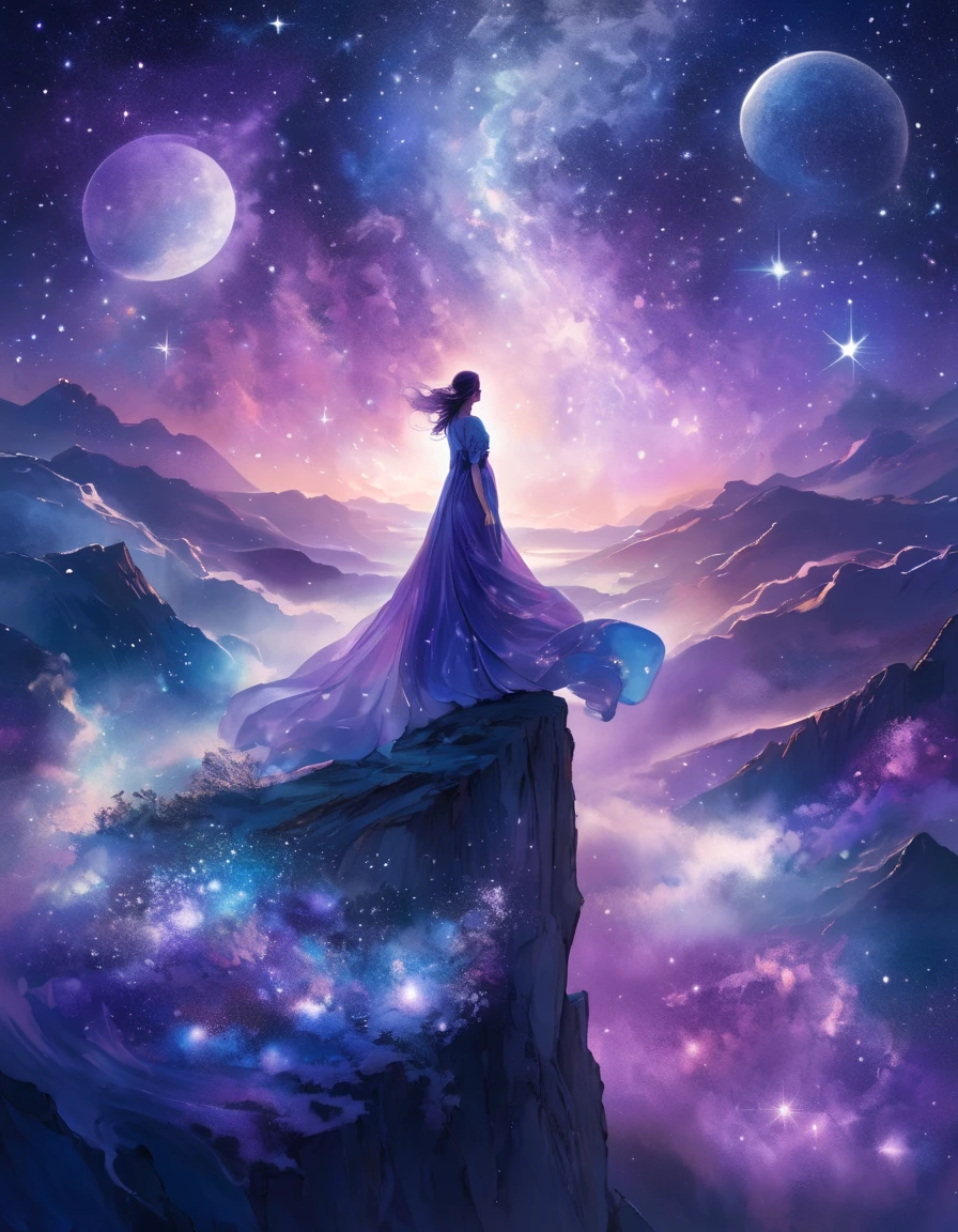 A figure stands on a cliff, enveloped in swirling streams of cosmic energy, amidst a dreamy, nebulous landscape. The silhouette of the person is wrapped in a flowing, ethereal gown that merges with the celestial currents. The sky is a tapestry of deep purples and blues, sprinkled with stars, and the landscape below is hinted at with soft, rolling mountains. The scene is one of tranquility and the sublime, capturing the majestic essence of the cosmos with a single, contemplative figure standing in awe.