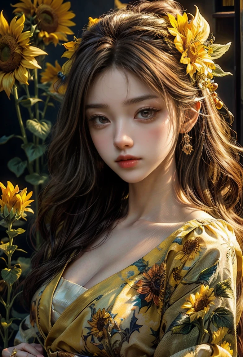 a close up of a woman with a sunflower on her head, yellow makeup, colors: yellow sunflowers, colors : yellow sunflowers, creative colorfull - makeup, beautiful art uhd 4 k, stylish make up, popular south korean makeup, beauty woman with detailed faces, beautiful makeup, sunflower background, bright eye makeup, popular korean makeup, beautiful yellow woman, pretty make up