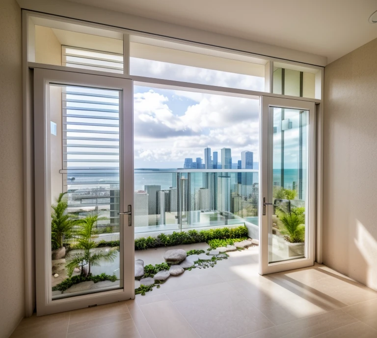 balcony, view city, day light, sky, cloud, details plant, plant around, small trees, grass, stone on the floor, white, stone, rock, wood floor, metal door, white concrete wall, photo realistic, high quality, sharper,  high-end, realistic photography, sharp, unique details, award-winning photography, Canon EOS 5D DSLR Mark IV, f/ 6, ISO 100, 1/ 250 sec, best quality, super high resolution,