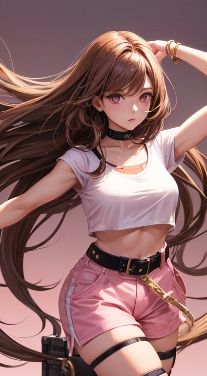 beautiful, adult woman, 26 years old, long light brown hair, bright pink eyes, white crop top, brown shorts, Black belt, compensate, top down view, 2D background, Impeccable posture, expression of love