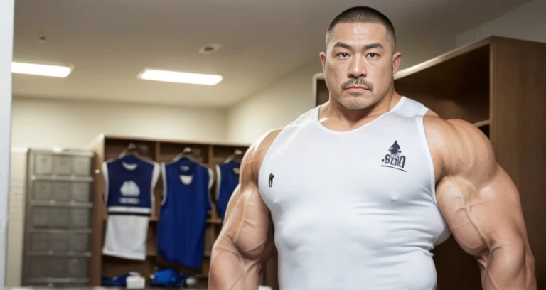 (tank top:1.5), (inside club locker room:1.2), Japanese man, Chinese man, Korean man, Taiwanese man, manly face, (round face:1.2), (monolid eyes:1.2), (buzz cut:1.4), very large and strong body, (bulging muscles:1.3), (very large pectoral muscles:1.3), (muscular arms:1.3), muscular abs, muscular legs, muscular back, brightens oily skin, master piece, realistic, panorama, distant view