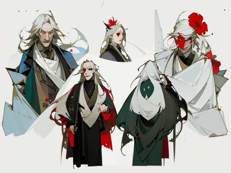 ((Three types of roles)), ((the masterpiece))、((top quality))、((character design sheet,Same Role,facade、side face、behind)),illustration, ((1 Old-fashioned man ,Cold red eyes,flowers in his hand)), nature, big bunny ears, long hair, White hair, Untidy hair, beautiful eyes, , fat body, Wide body,fantasy setting,environment change, pose too, , Charturnbetalora, (simple background, White background: 1.3),falling leaf, Wind, character concept, character art, character portrait, CARTOON, Best quality, better resolution, 4K