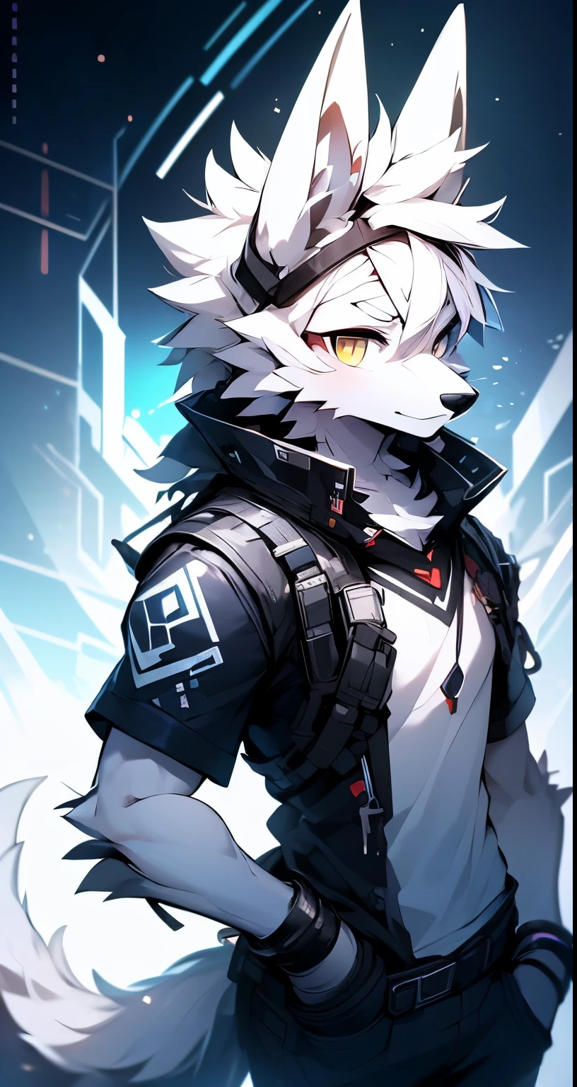 cyber punk perssonage,epcot,Tech style,solo person,White body,White ears,White hair,Overall white,Orange-yellow eyes,Wolf tail,Wolf orcs,Young,Wear a short-sleeved shirt,Ultra-clear screen,Soft lines
