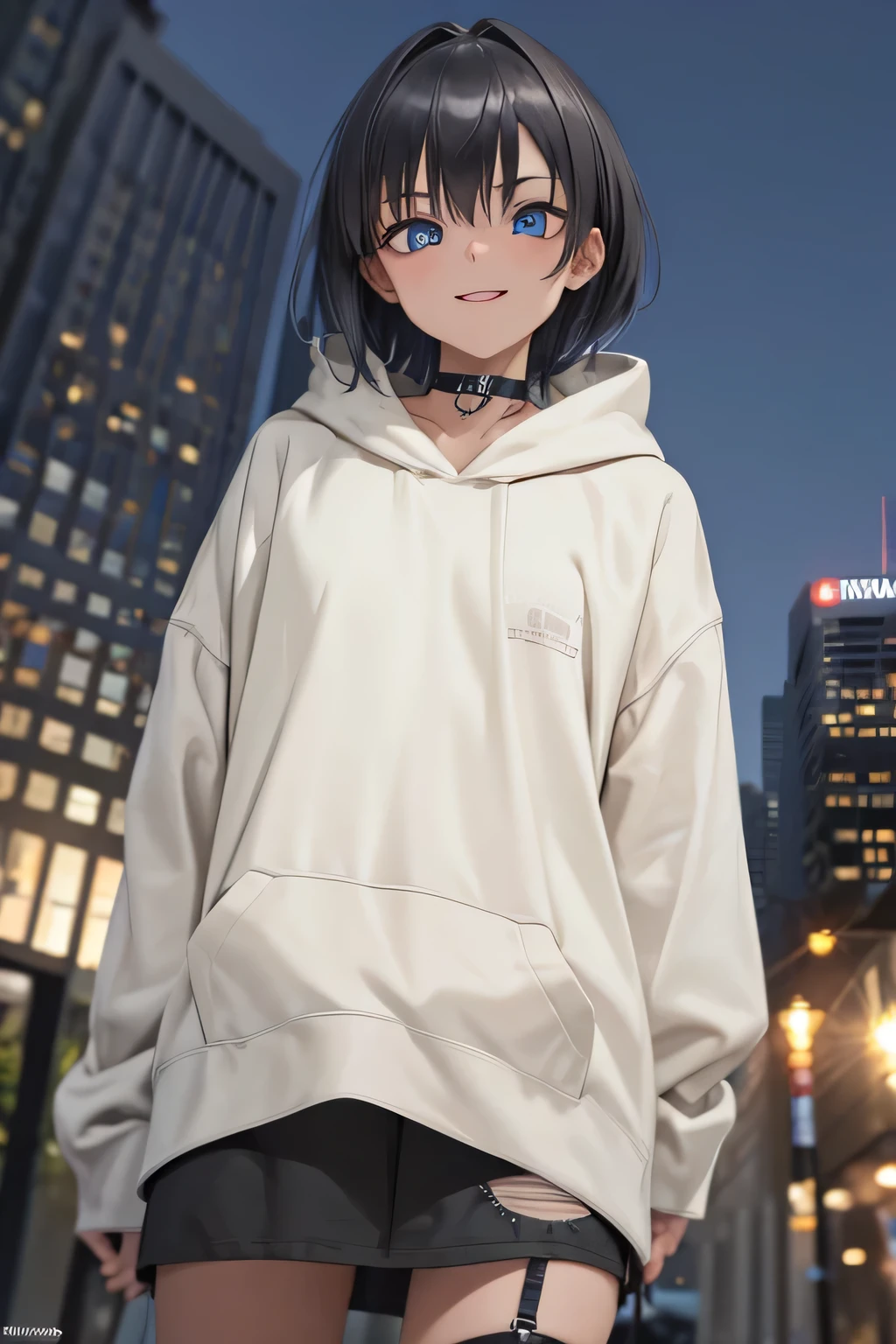 ((masterpiece)), (bestquality), ((ultra-detailed)), ((cinematic lighting)), depth of field, (dynamic angle),detailed lighting, (beautiful detailed blue eyes), 1girl, Punk Girl:1.4, goth girl:1.4, short black hair, tanned skin, wearing an oversized Hoodie, Choker, tomboy, mischievous smile:1.3, navel, small bust,