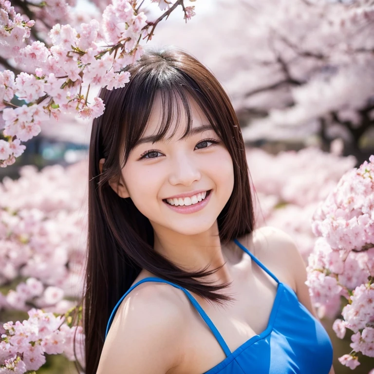 A cute face like an 18-year-old idol, smiling gently, wearing a bikini, with a rather large bust, walking along a beautiful row of cherry blossom trees