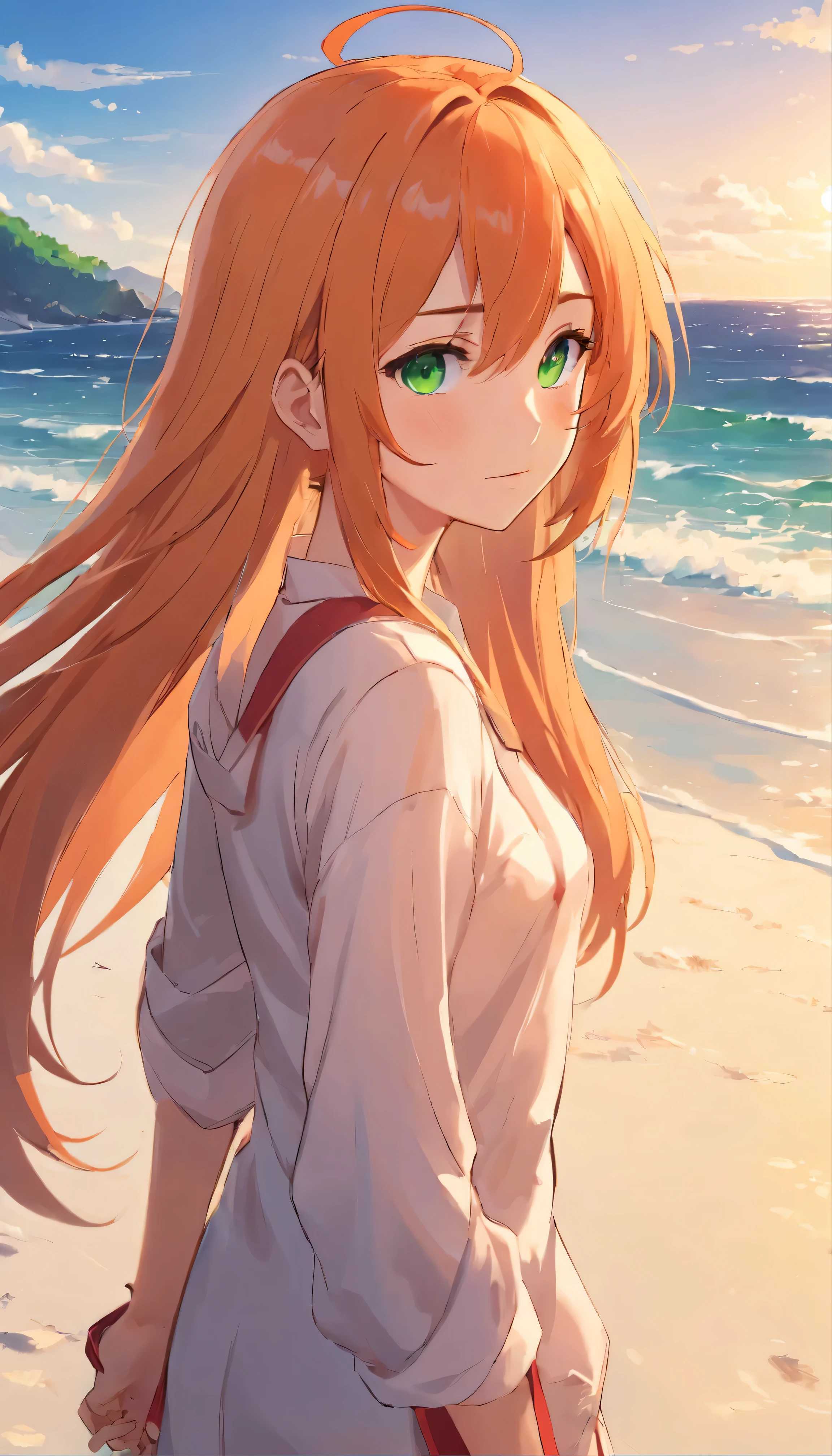 Anime girl with long orange hair, standing on the beach near the ocean, green eyes detailed digital anime art, anime girl with long hair, гладкое аниме cg art, anime girl with long hair, digital anime art, work in Guweiz style, Beautiful anime portrait, Photorealistic render of an anime girl, Beautiful anime girl, advanced digital anime art, guweiz на artstation pixiv HD UHD HQ
