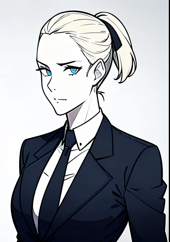 One Young Adult female, pale blonde slicked back into a short ponytail with a single bang on the left hand side, steel blue eyes, light and carefree expression, wearing black suit jacket and tie, portrait style, facing forwards