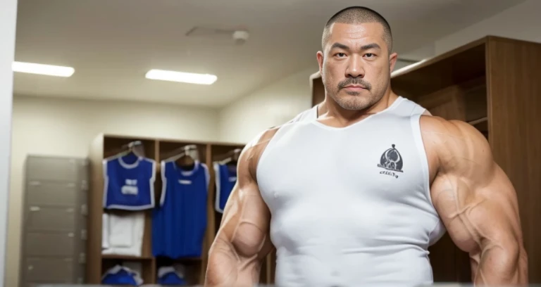 (tank top:1.5), (inside club locker room:1.2), Japanese man, Chinese man, Korean man, Taiwanese man, manly face, (round face:1.2), (monolid eyes:1.2), (buzz cut:1.4), very large and strong body, (bulging muscles:1.3), (very large pectoral muscles:1.3), (muscular arms:1.3), muscular abs, muscular legs, muscular back, brightens oily skin, master piece, realistic, panorama, distant view