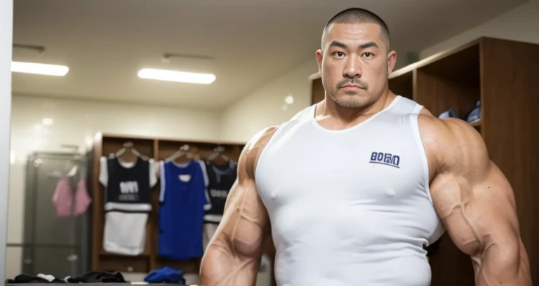 (tank top:1.5), (inside club locker room:1.2), Japanese man, Chinese man, Korean man, Taiwanese man, manly face, (round face:1.2), (monolid eyes:1.2), (buzz cut:1.4), very large and strong body, (bulging muscles:1.3), (very large pectoral muscles:1.3), (muscular arms:1.3), muscular abs, muscular legs, muscular back, brightens oily skin, master piece, realistic, panorama, distant view