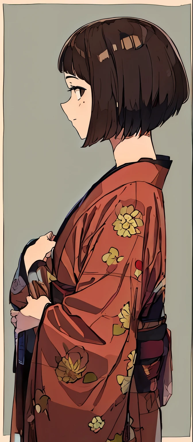 side view potrait of a 18 girl with short brunette hair wearing a burnt umber yukata, soft warm image temperature, the background is solid light brown, add floral line art on the background,