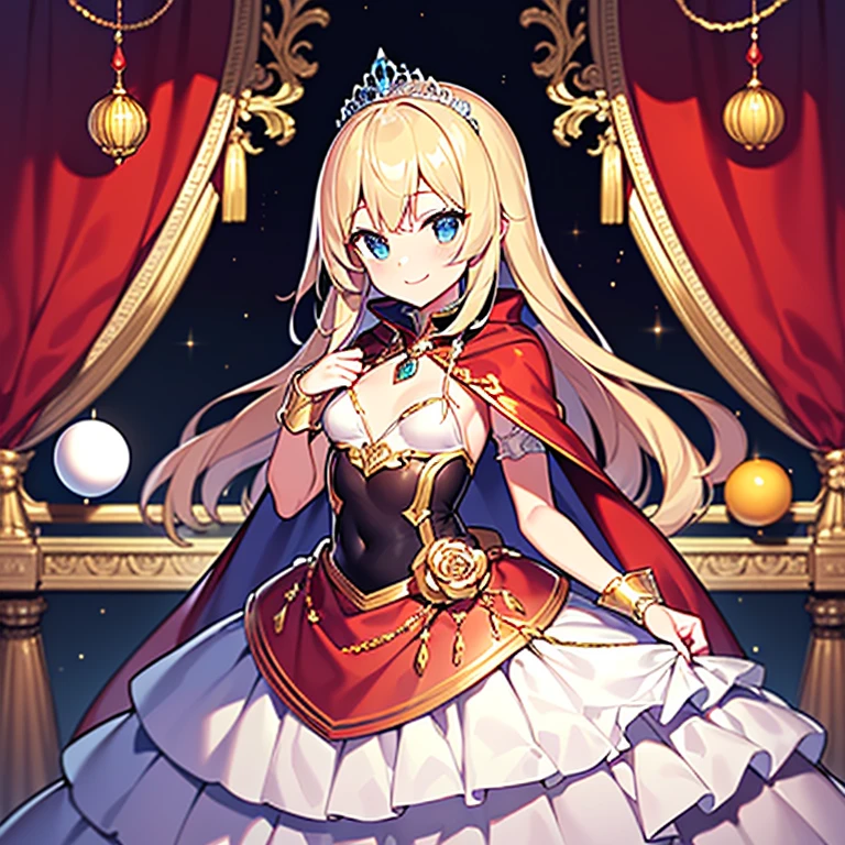 (best quality),(ultra detailed), upper body, beautiful anime art style, rococo style,(long train red cape), very long cape,(long train white ball gown with flower decorations), a girl is wearing a cape over her ball gown, 1 princess, tiara, small breasts, smile, very long hair