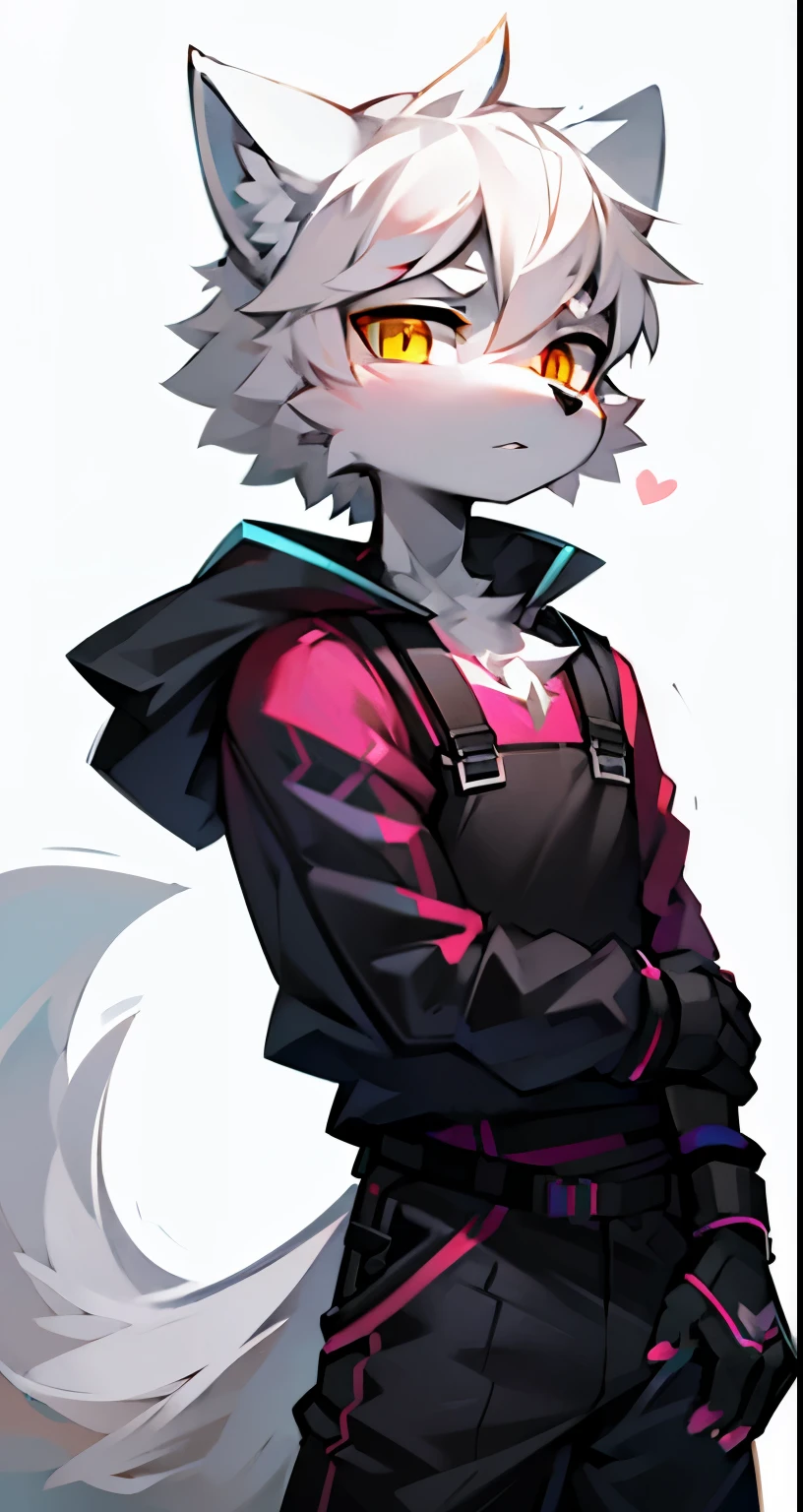 cyber punk perssonage,epcot,Tech style,solo person,White body,White ears,White hair,Overall white,Orange-yellow eyes,Wolf tail,Wolf orcs,Young,Wear a short-sleeved shirt,Ultra-clear screen,Soft lines