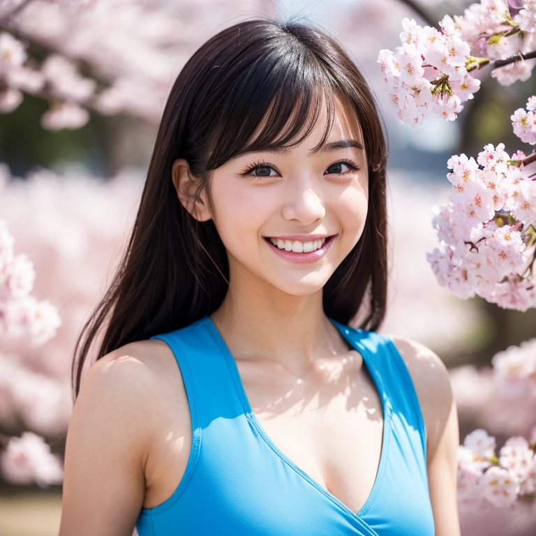 The eyes of a beautiful teenage Japanese female popular idol wearing a blue costume with a futuristic design looking back at the cherry blossoms in full bloom and smiling. Focal length 100mmf/2.8, Somei Yoshino flowers in full bloom, a blizzard of cherry blossom petals dancing and filling the space, an ideal light source, a well-shaped face, the best smile, white teeth, a toned body, a member of an idol unit. Cherry blossom viewing, realism, close-up of eyes, 8K image quality, highest quality.