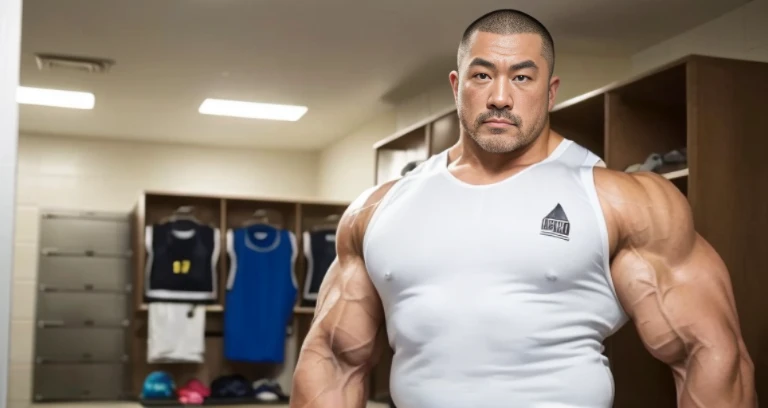 (tank top:1.5), (inside club locker room:1.2), Japanese man, Chinese man, Korean man, Taiwanese man, manly face, (round face:1.2), (monolid eyes:1.2), (buzz cut:1.4), very large and strong body, (bulging muscles:1.3), (very large pectoral muscles:1.3), (muscular arms:1.3), muscular abs, muscular legs, muscular back, brightens oily skin, master piece, realistic, panorama, distant view