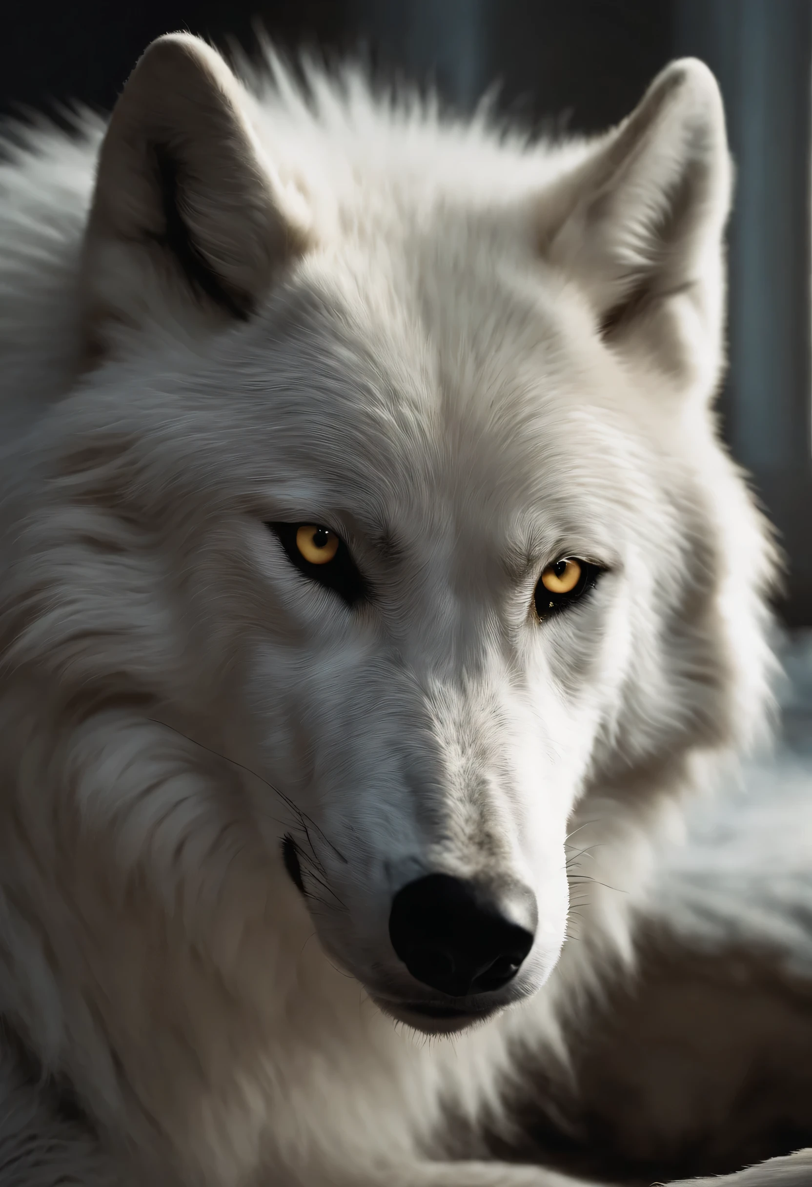 A fluffy white wolf with yellow eyes, placed in a dream-like bedroom background. The wolf is depicted with extreme detail, showcasing its fur texture and intricate facial features. The image should have the best quality, aiming for a photorealistic rendering that captures every intricate detail. The color palette should consist of cool colors, creating a serene and calm atmosphere. The lighting should be soft and ambient, casting gentle shadows to accentuate the wolf's form. Overall, the prompt aims to evoke a sense of tranquility and wonder, immersing the viewer in a dreamy and ethereal world.