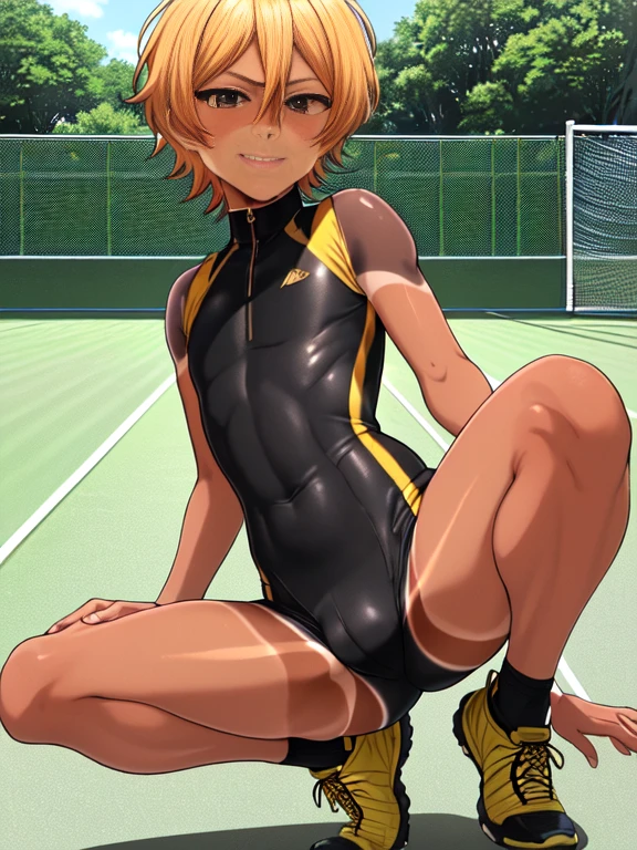 official art,anime screen cap、anime style etc..,Ultra-thin illustration, High resolution, pieces fly, 最high quality,最high quality,high quality, be familiar with, ( boy),12 yeaung tennis idol with a super cute face.,beautiful boy、 Standing, Cool handsome face with a smile, blue soccer cleats, long legs, thighs, foot, bulge, (((golden hair、short hair,)))、 shiny hair, boy with sharp eyes, (Tennis tight shiny top and bottom separation training bodysuit), (tight soccer shorts), lawn area, cool pose, (太いthighs,big ass),(((Tennis court in the park)))、((Saucy、))、grin and laugh、spread your legs,Ultra-fine painting, (最high quality, In 4K, 8K, High resolution, pieces fly:1.2),(((Being aware of the sexual gaze of middle-aged gay men)))、service shot、((be familiar withな目:1.2))、(((tanned skin:1.5))),((anime style mouth))