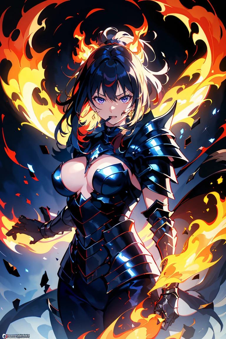 highest quality, Super detailed, (ultra high resolution,8K), Ultra-high definition 4K, Proper Lighting, realistic texture, movie light effects, (perfect anatomy, anatomically accurate), (One woman with big breasts has sexy charm), (Paladin), (Beautiful armor of hellfire that covers the whole body:1.6), (sharp look), ((flaming cloak)), (surrounded by detailed flames:1.5), silver hair, (ponytail), (dynamic composition), high definition beauty face, (Beautiful blue eyes like sapphires), (open your mouth), photorealistic, shiny skin, (fine-textured skin,hair ), Magma erupting with force, Crystal clear and clean water, (((midnight, dark))), (Decisive pose:1.3), (Hold a detailed beautiful sword), fire,floating,flame,magic,glowing, shinkai makoto