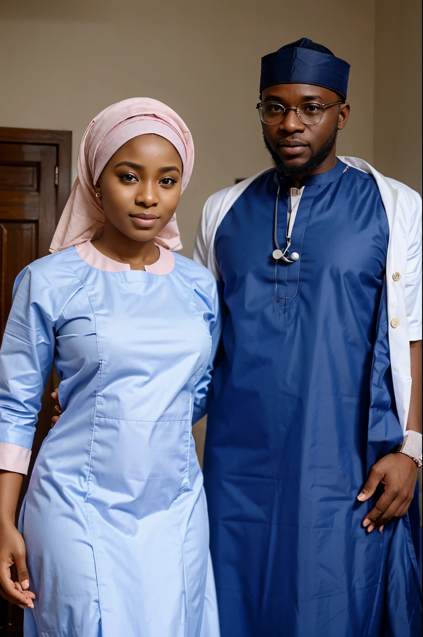 A cute 18 year Nigerian doctor with his wife with beautiful hijab and sheet with realistic doctor dress with name (hannatu and daddy) written on her dress 4k hD