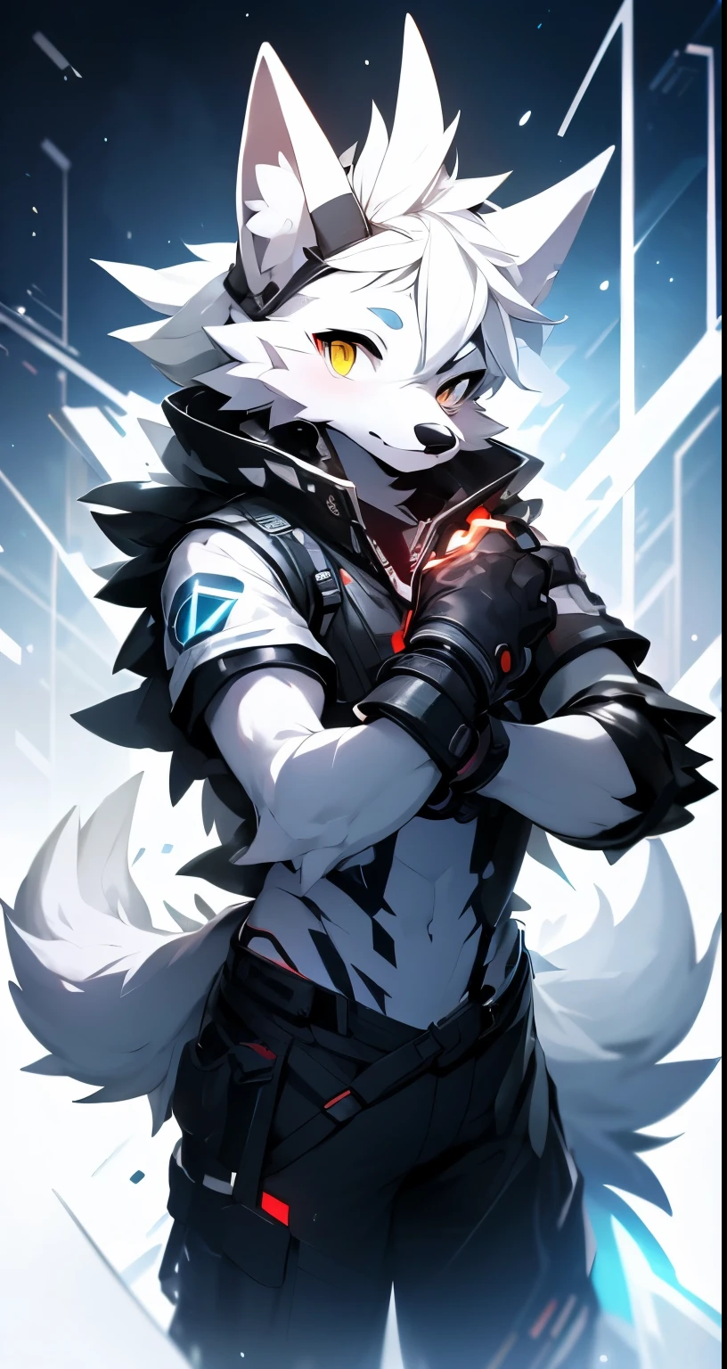 cyber punk perssonage,epcot,Tech style,solo person,White body,White ears,White hair,Overall white,Orange-yellow eyes,Wolf tail,Wolf orcs,Young,Wear a short-sleeved shirt,Ultra-clear screen,Soft lines