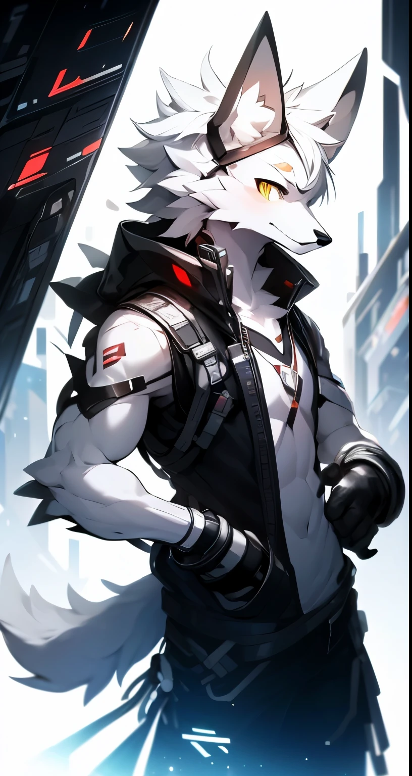 cyber punk perssonage，epcot，Tech style，solo person，White body，White ears，White hair，Overall white，Orange-yellow eyes，Wolf tail，Wolf orcs，Young，Wear a short-sleeved shirt，Ultra-clear screen，Soft lines