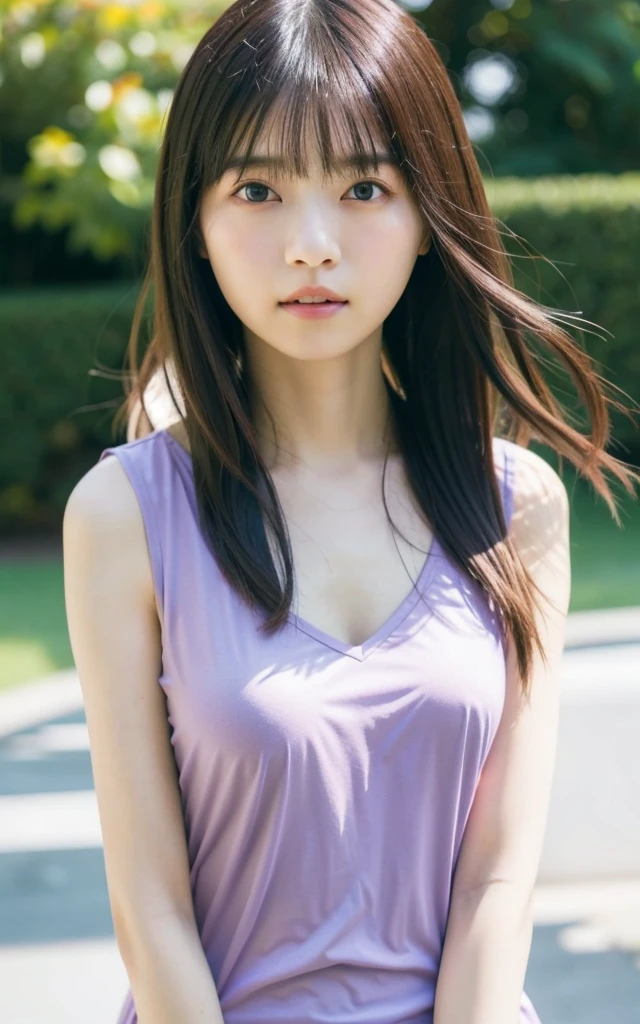 table top, highest quality, 16K, 1 girl, Raw photo, professional photography, portrait, soft light, professional lighting, alone, 笑face, close, face, close, cute, girly, goddess, delicate girl, pure beauty, Digital single-lens reflex camera, look away, Frank, Sophisticated, film grain, (目とfaceの詳細:1.0), long hair fluttering in the wind, Only half of the tip is rolled up, (Tight cotton blouse、sleeveless、pale pale blue-purple、translucent、No bra、nipple protrusion)、side、(big breasts:1.2)、cute hanging eyes、