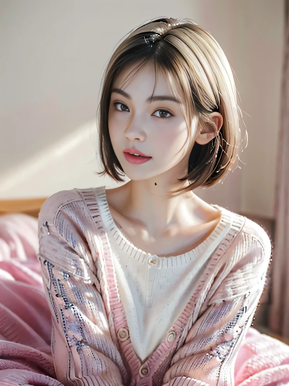 (shoulder-length straight short black hair:1.1),（Extremely meticulous CG 8k wallpaper）,16k,(Extremely refined and beautiful），（Masterpiece），（best qualtiy:2.0），（Ultra High Resolution:1.0),beautiful light up，Perfect lightning,realistic shaded，[A high resolution],(Smooth and flawless fair skin:1.5),(shiny pale skin:1.5),Extremely exquisite facial details，ultra - detailed,A  girl,small head,dawn,dim light,Close Shot,at home,in bedroom,(sitting on bed:1.3),small face,smile,happy,(perfect body:1.1),slim,thin,(Pink sweater cardigan and white regular-fit T-shirt:1.5),(Touch face with palm:1.4),cowboy shot,(Portrait:1.5),ID photo