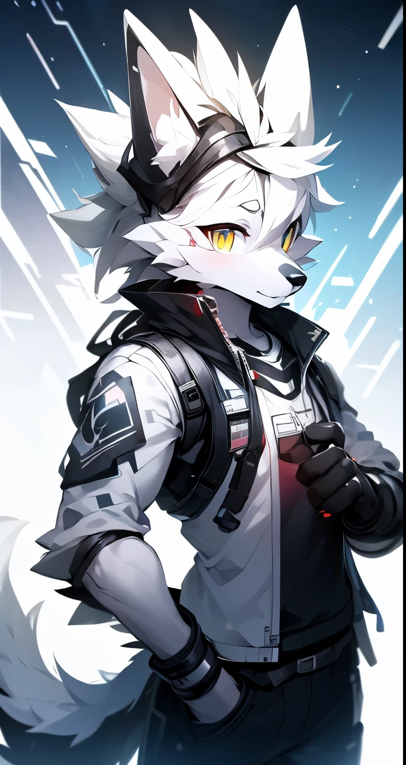 cyber punk perssonage,epcot,Tech style,solo person,White body,White ears,White hair,Overall white,Orange-yellow eyes,Wolf tail,Wolf orcs,Young,Wear a short-sleeved shirt,Ultra-clear screen,Soft lines