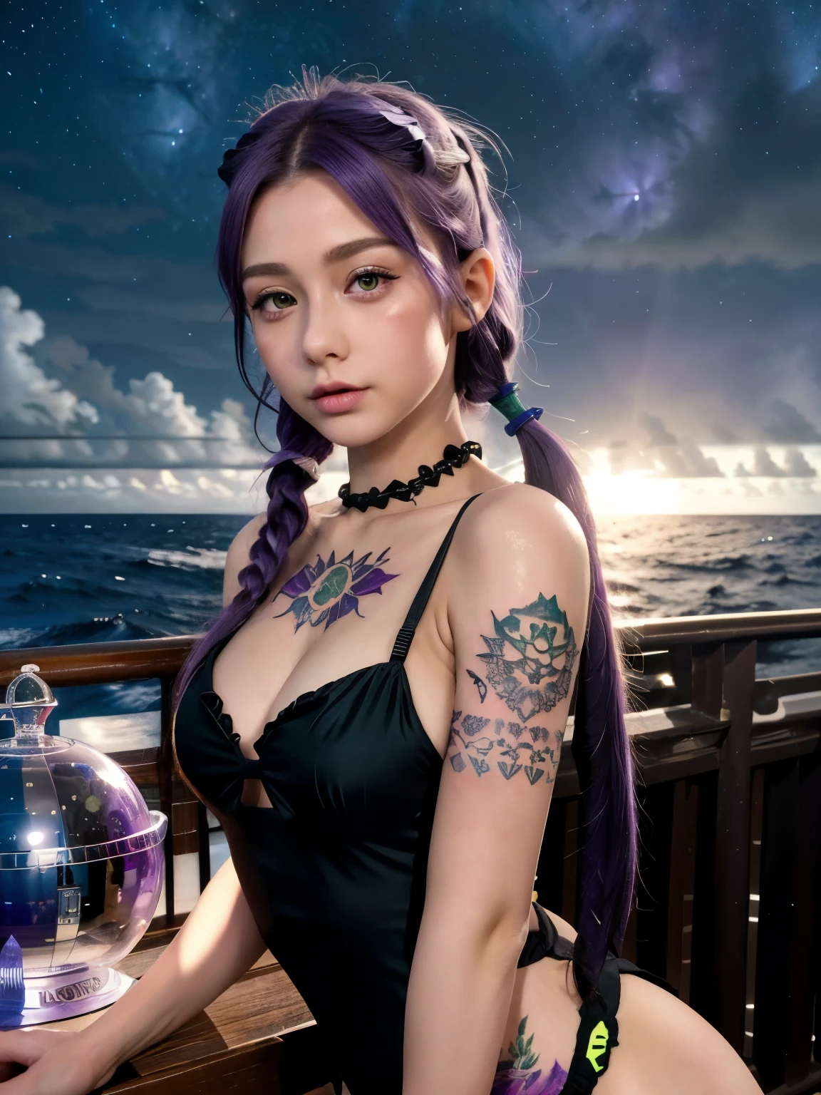 (8k), (highest quality), (best details)thundercloud、middle of the pacific ocean、sunken ship in the background、crystal ball、tattooed all over the body、There is a beautiful Dutch girl with purple hair and pigtails.、night sky、black swimsuit、Green Eyes、