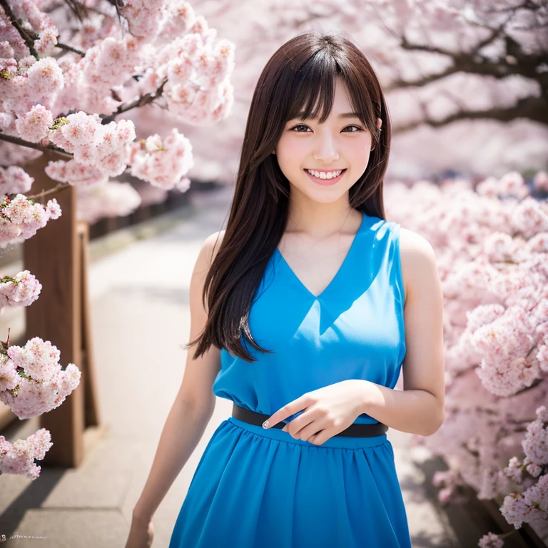 The eyes of a beautiful teenage Japanese female popular idol wearing a blue costume with a futuristic design looking back at the cherry blossoms in full bloom and smiling. Focal length 100mmf/2.8, Somei Yoshino flowers in full bloom, a blizzard of cherry blossom petals dancing and filling the space, an ideal light source, a well-shaped face, the best smile, white teeth, a toned body, a member of an idol unit. Cherry blossom viewing, realism, close-up of eyes, 8K image quality, highest quality.