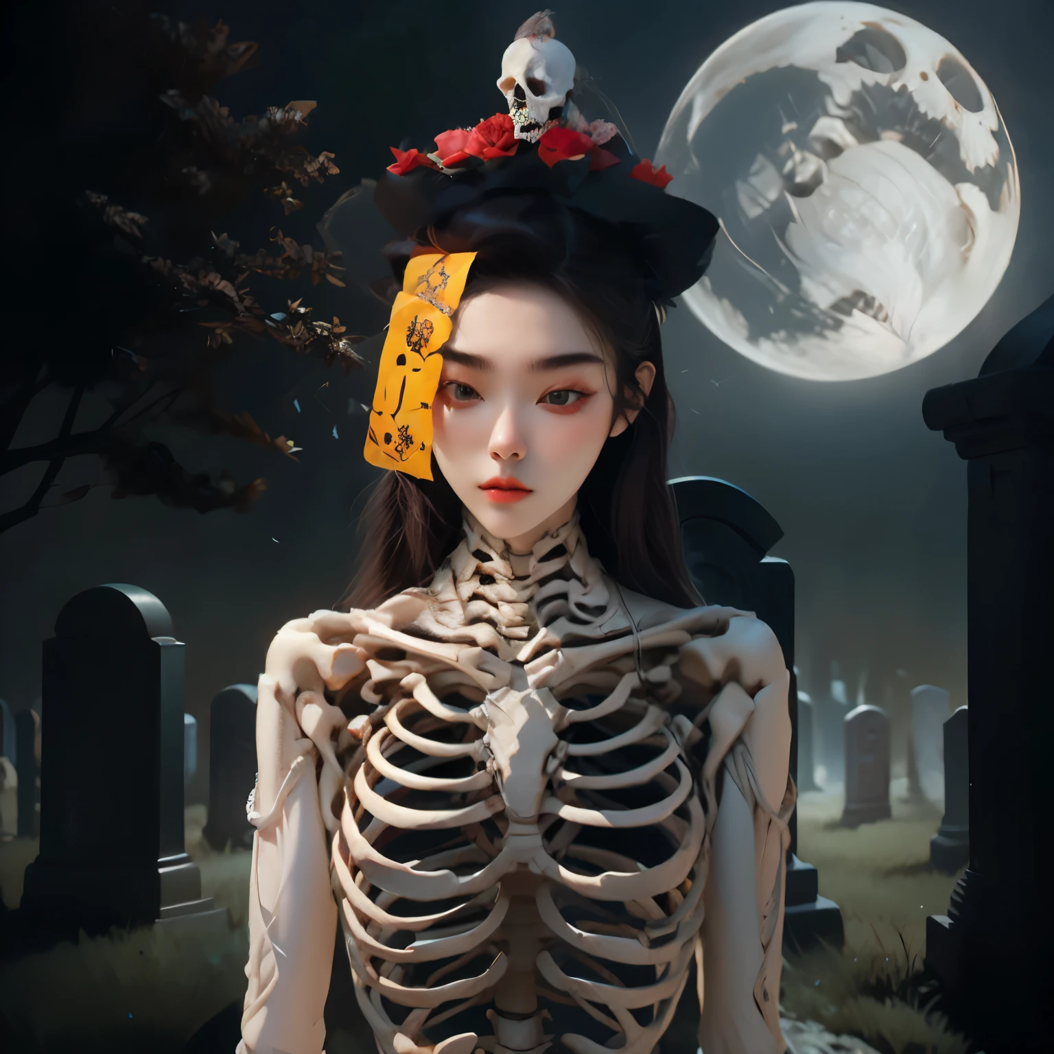 arafed woman in a skeleton costume with a hat on her head, hone onna skeleton geisha, skeleton girl, xue han, goddess of death, goddess of death in a graveyard, inspired by Xie Huan, eerie art style, saint skeleton queen, lulu chen, halloween art style, jingna zhang, wenfei ye, 2 d cg