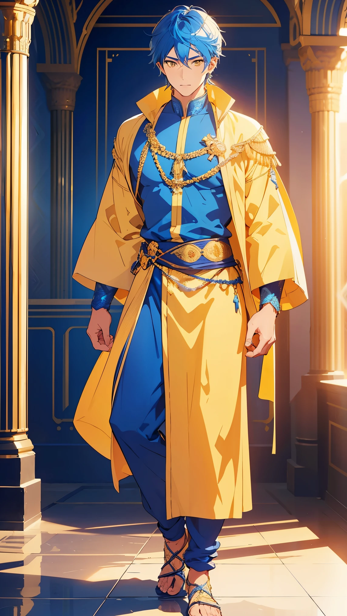 Arabic man1,male,(blue hair, yellow eyes),full body, (yellow Arabic costume for man),highly detailed CG, unit, 8K wallpapers, highest quality, high resolution, beautiful lighting, realistic shadow,detailed face Highly,detailed eyes Highly,detailed hair Highly