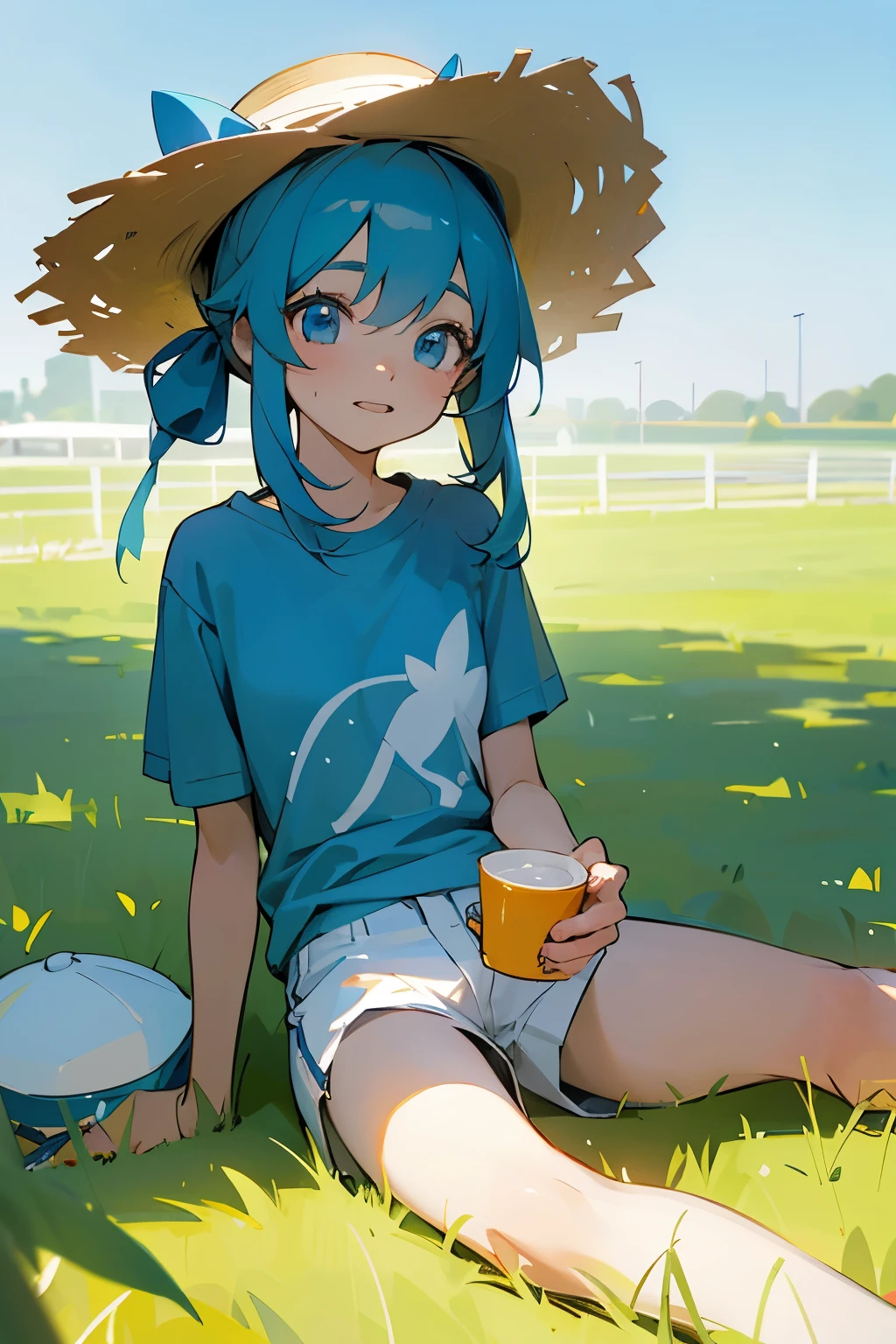Spring steppe、Lunchtime with pleasant sunshine、Eating lunch、25 year old female、lunch break on the grass、Pale light blue T-shirt、shorts、cute hat、looking at the camera